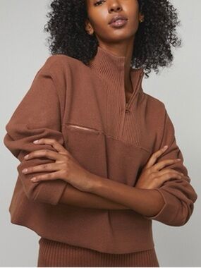 Lunya Silk Cotton Blend Quarter Zip Boxy Cropped Walnut Brown Pullover Size XS